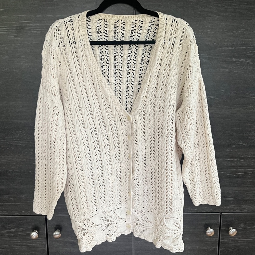 EUC Vintage Cream Handknit Cotton Cardi L\XL